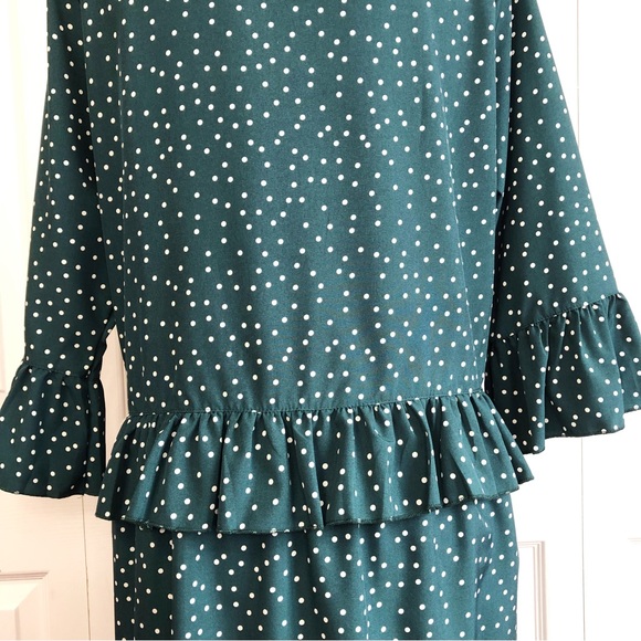 Feminine Teal Green & White Polka Dot Ruffle Trim Mini Dress - Picture 15 of 16